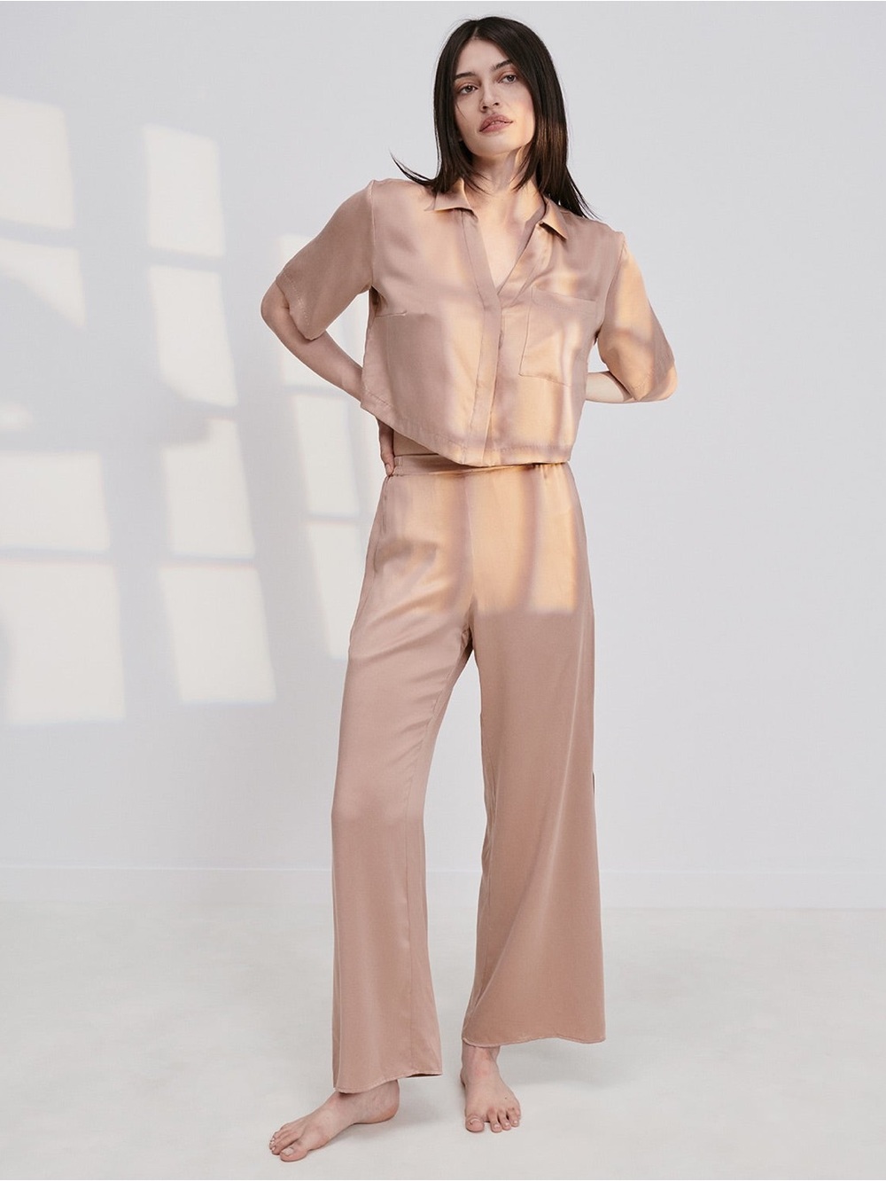 Lunya Washable Silk High Rise Pant Wide Leg Silk Otium Tan Pink Size Large